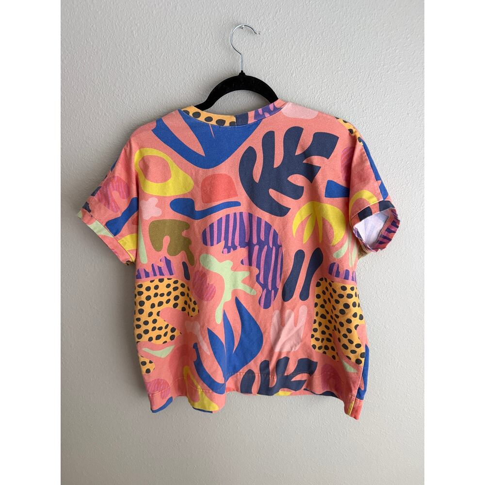 LILLA BARN Sz M Boxy Top Short Sleeve Tee Abstract Doodle Print Coral Plants - Picture 3 of 5